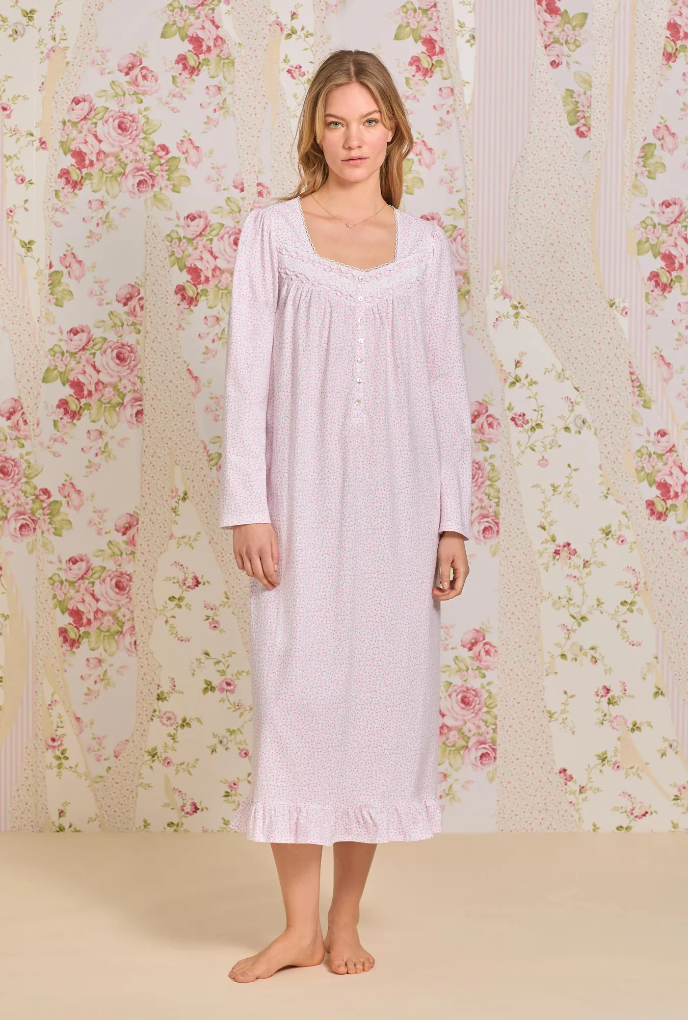 Pink Delicate Floral Cotton Long Sleeve Knit Nightgown