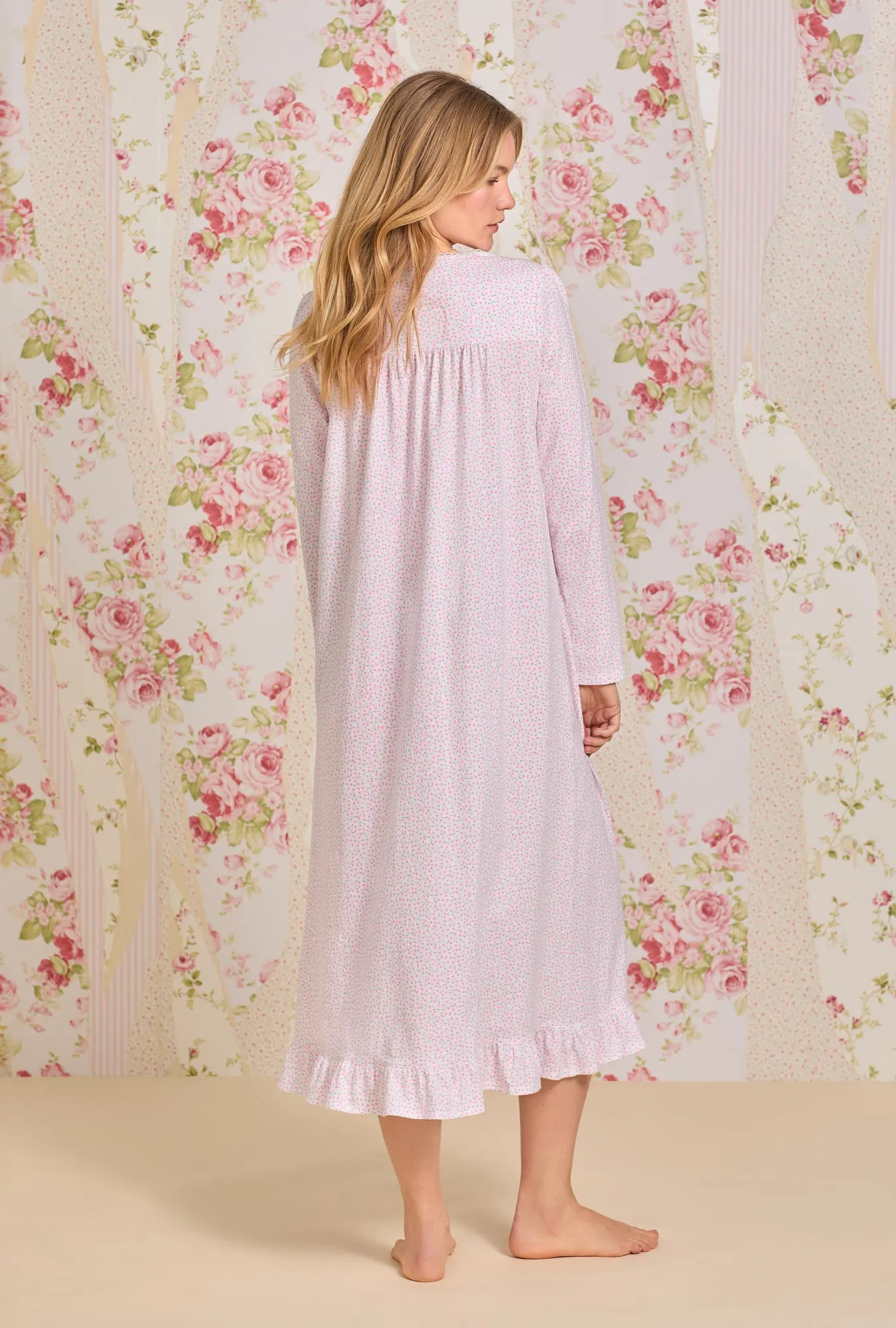 Pink Delicate Floral Cotton Long Sleeve Knit Nightgown