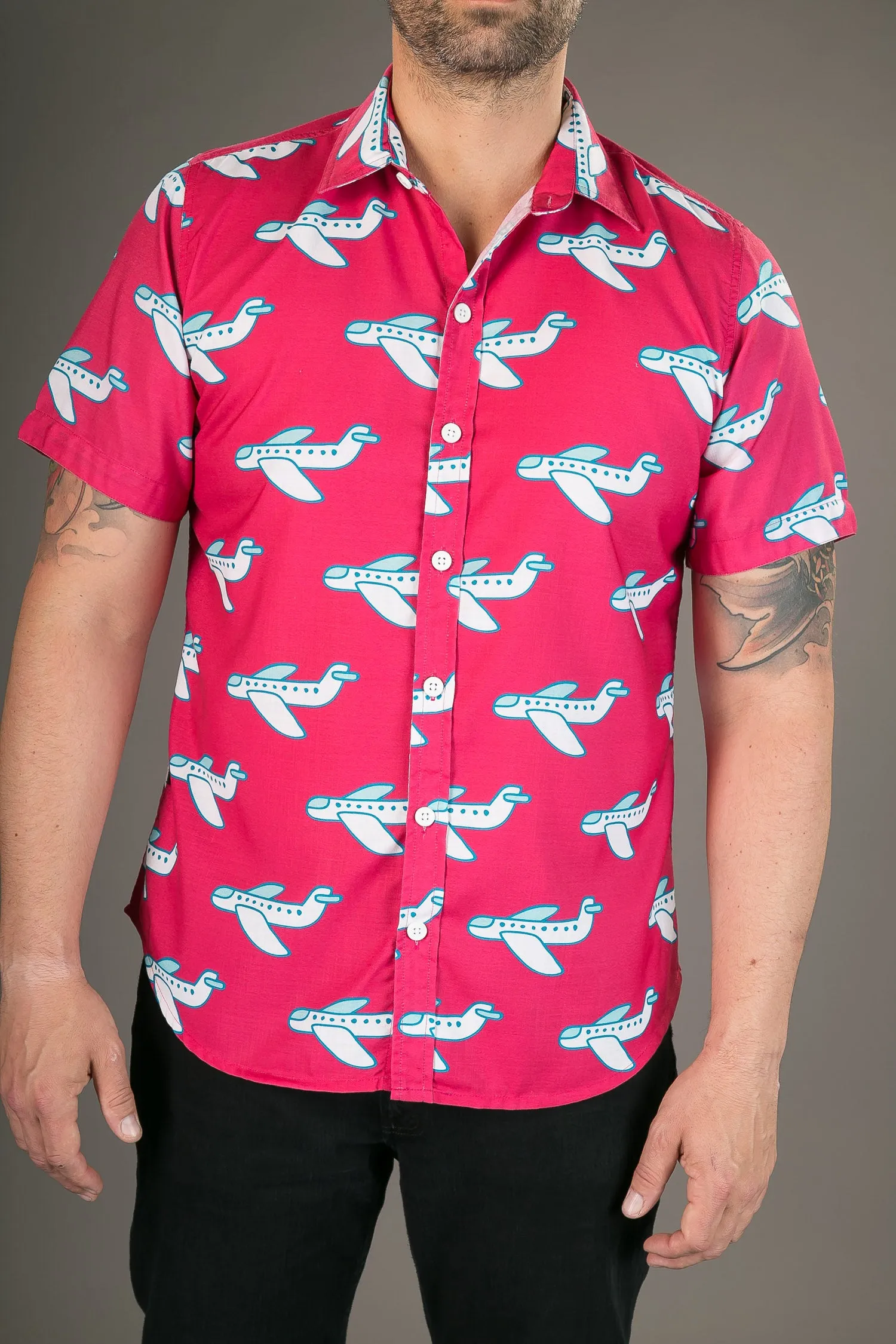 Pink White Aeroplane Print Cotton Slim Fit Mens Shirt Short Sleeve