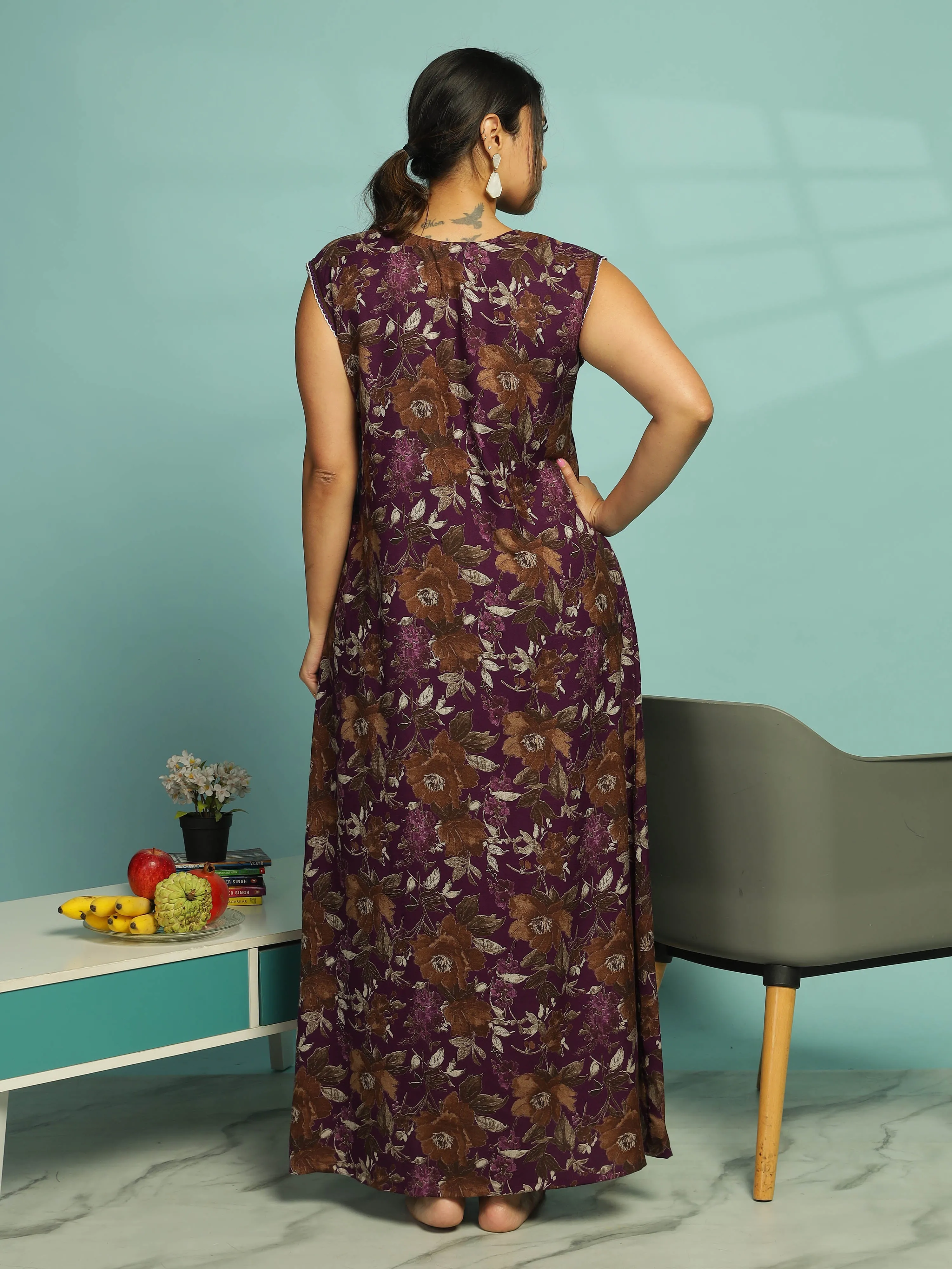 Purple Floral Sleeveless Designer Nighty With Elegant V-Neck Maxi Nighty