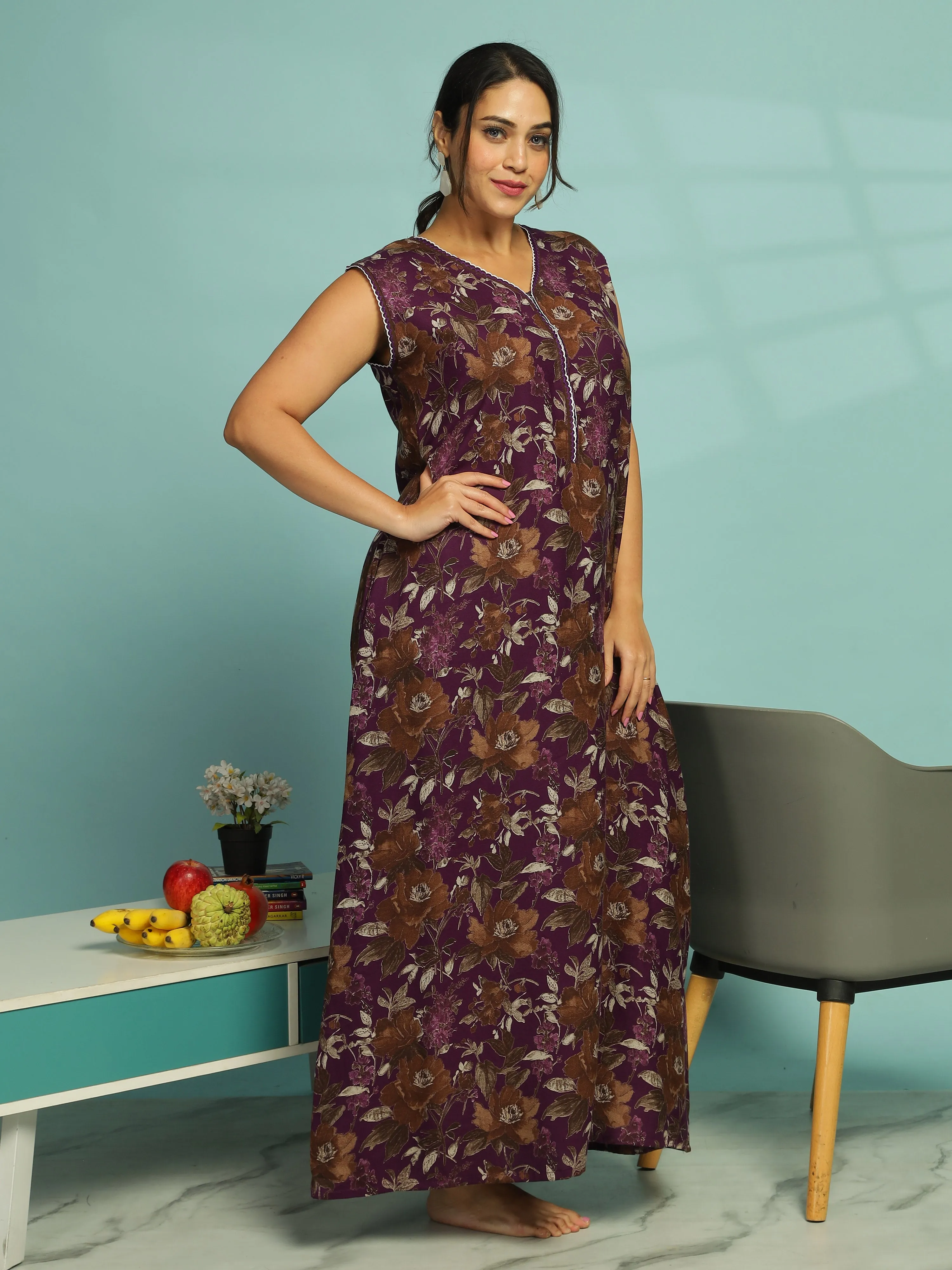 Purple Floral Sleeveless Designer Nighty With Elegant V-Neck Maxi Nighty