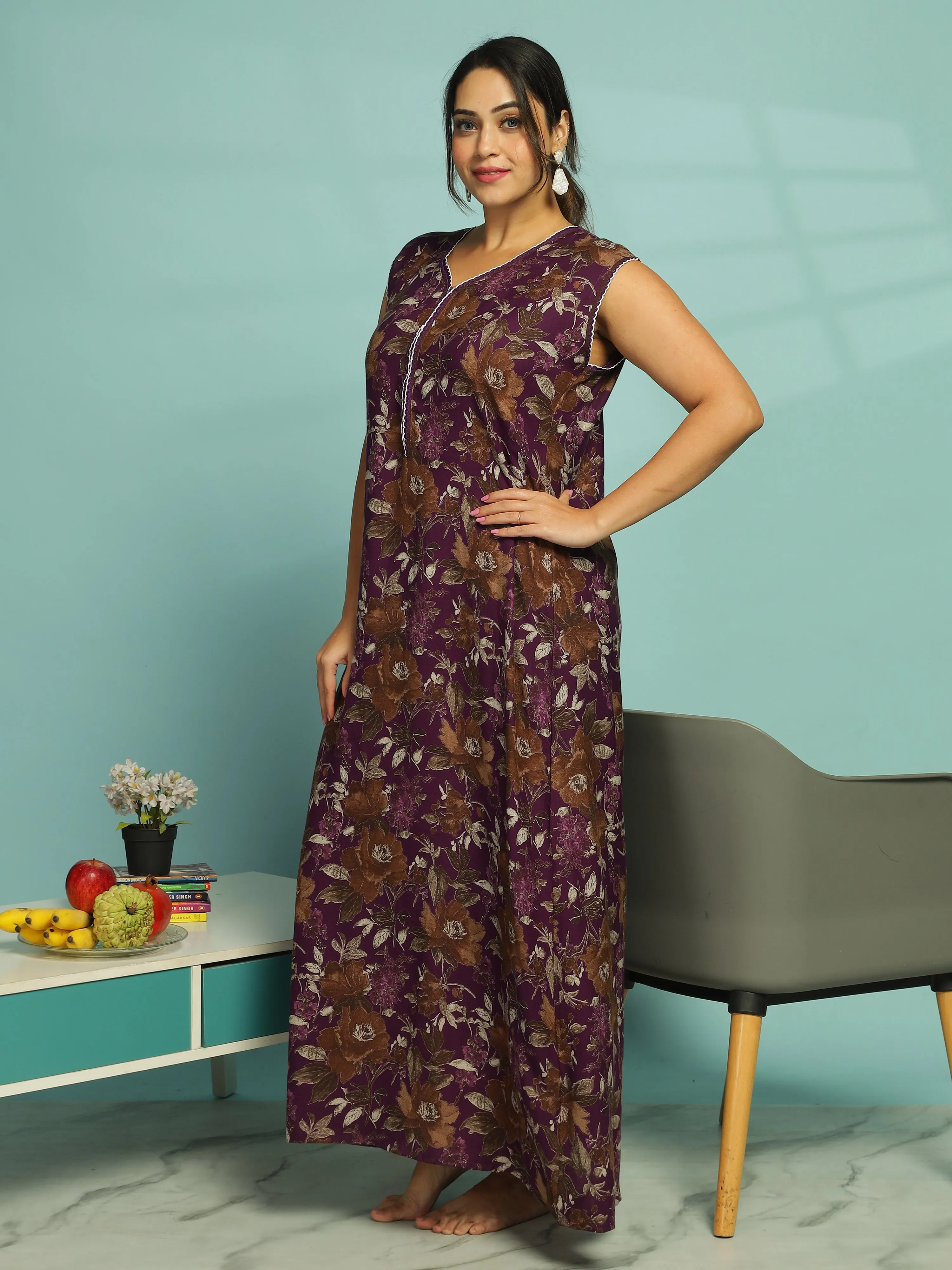 Purple Floral Sleeveless Designer Nighty With Elegant V-Neck Maxi Nighty