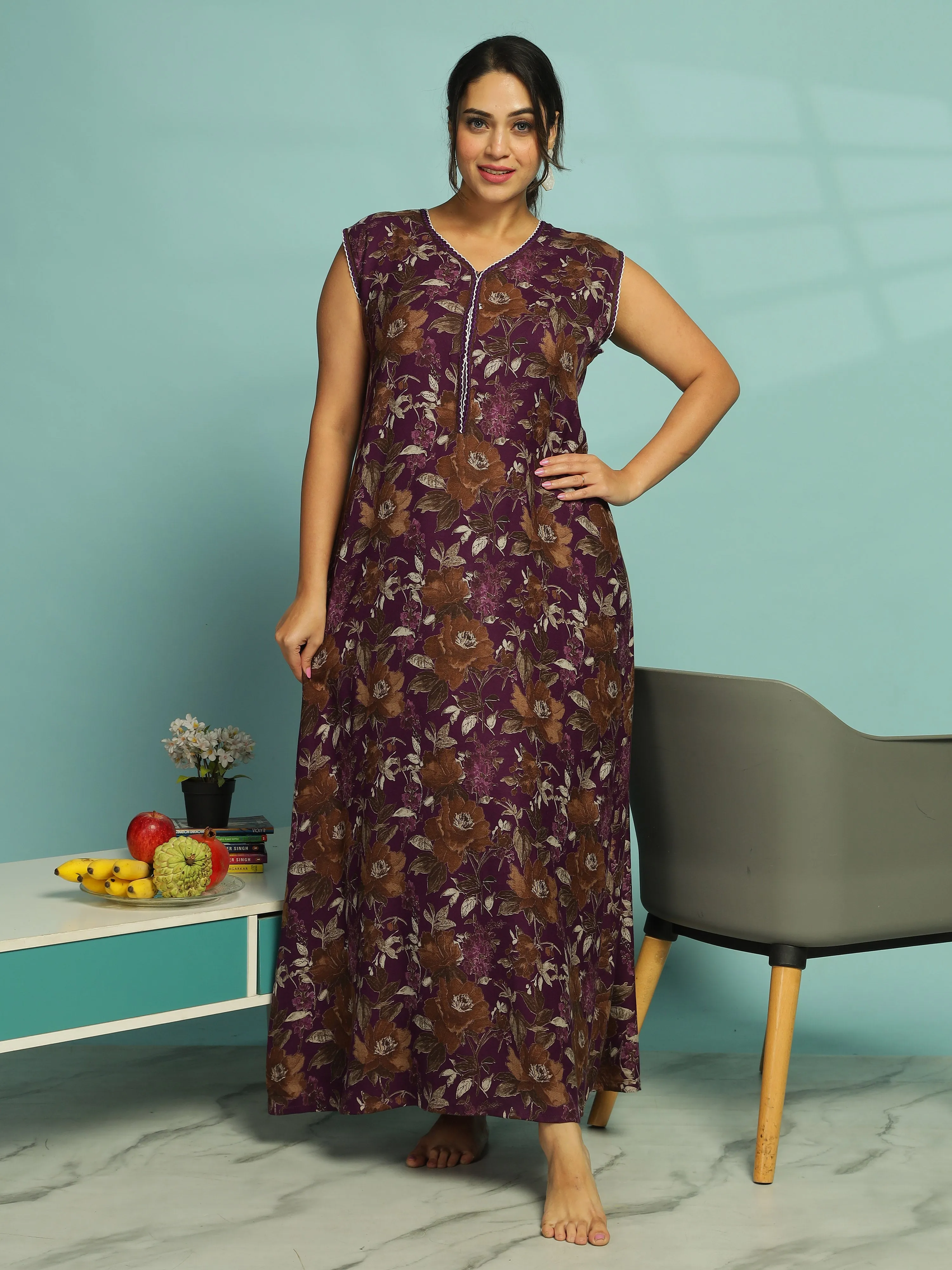 Purple Floral Sleeveless Designer Nighty With Elegant V-Neck Maxi Nighty