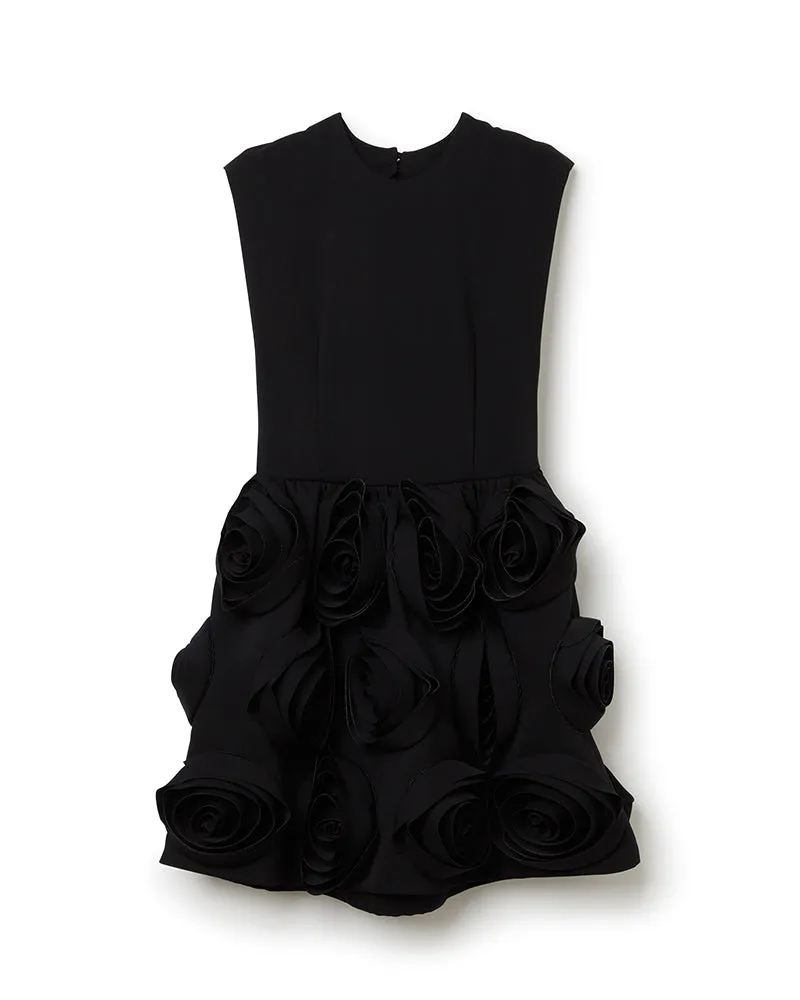 ROSE APPLIQUE BLACK MINI DRESS