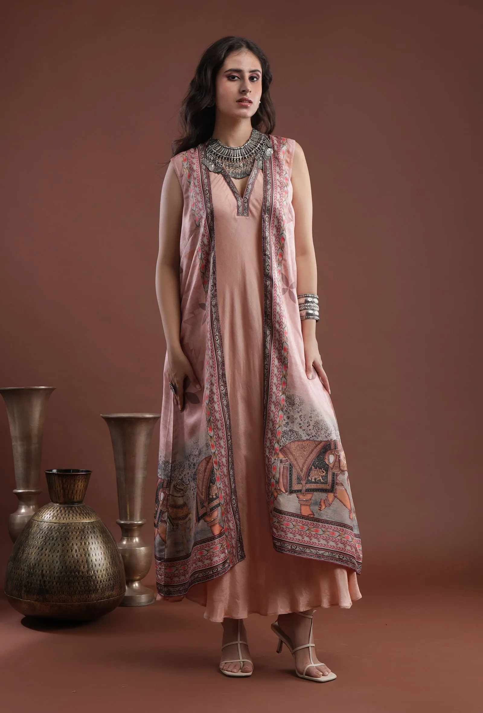 Set Of 2: Peach Taffeta Printed Overlay & Shantoon Flared Kurta