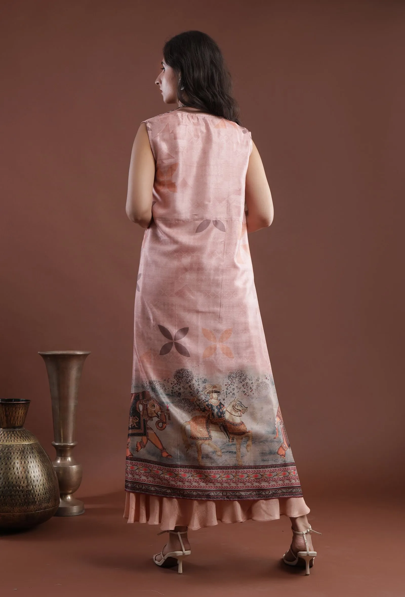 Set Of 2: Peach Taffeta Printed Overlay & Shantoon Flared Kurta