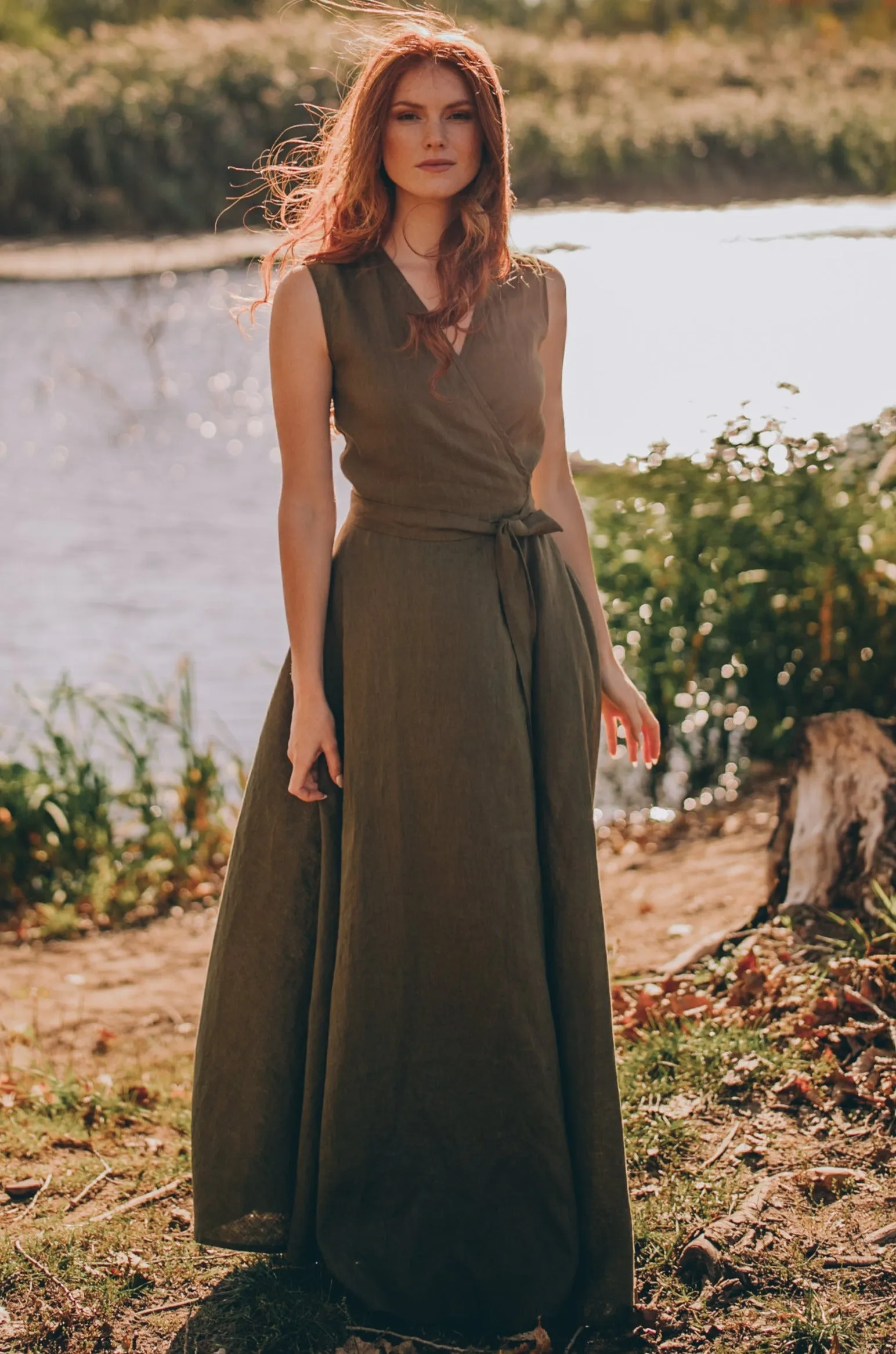 Sleeveless Linen Maxi Dress with Tie Waist