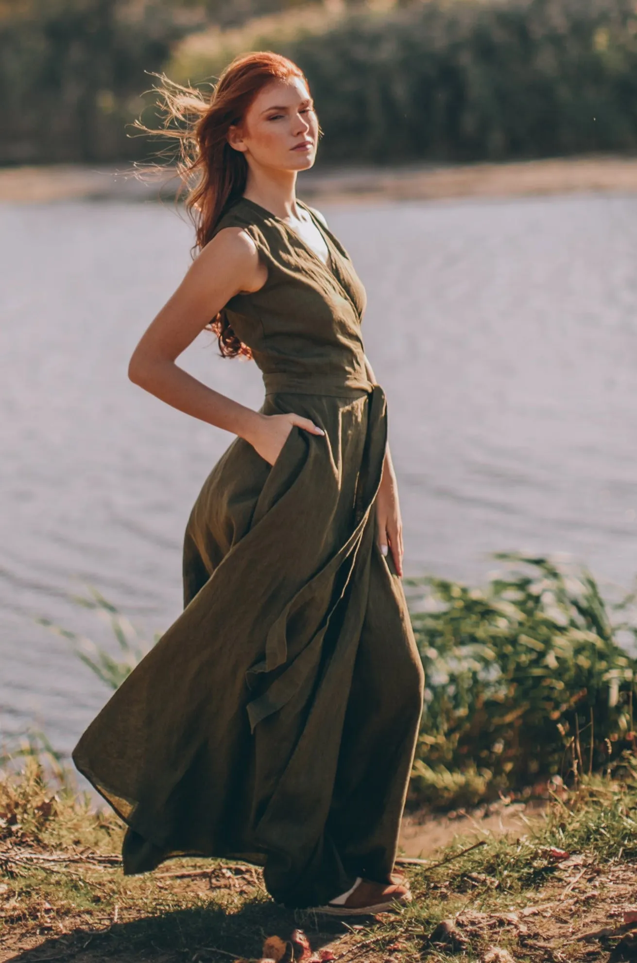 Sleeveless Linen Maxi Dress with Tie Waist