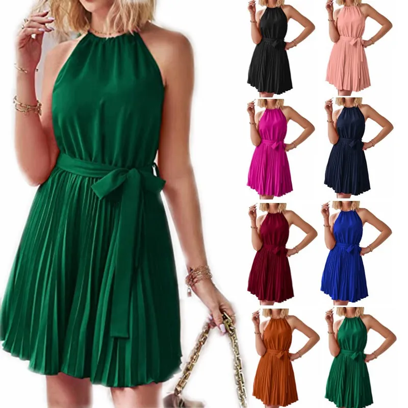 Strapless Dresses Solid Pleated Skirt Summer Beach Sundress