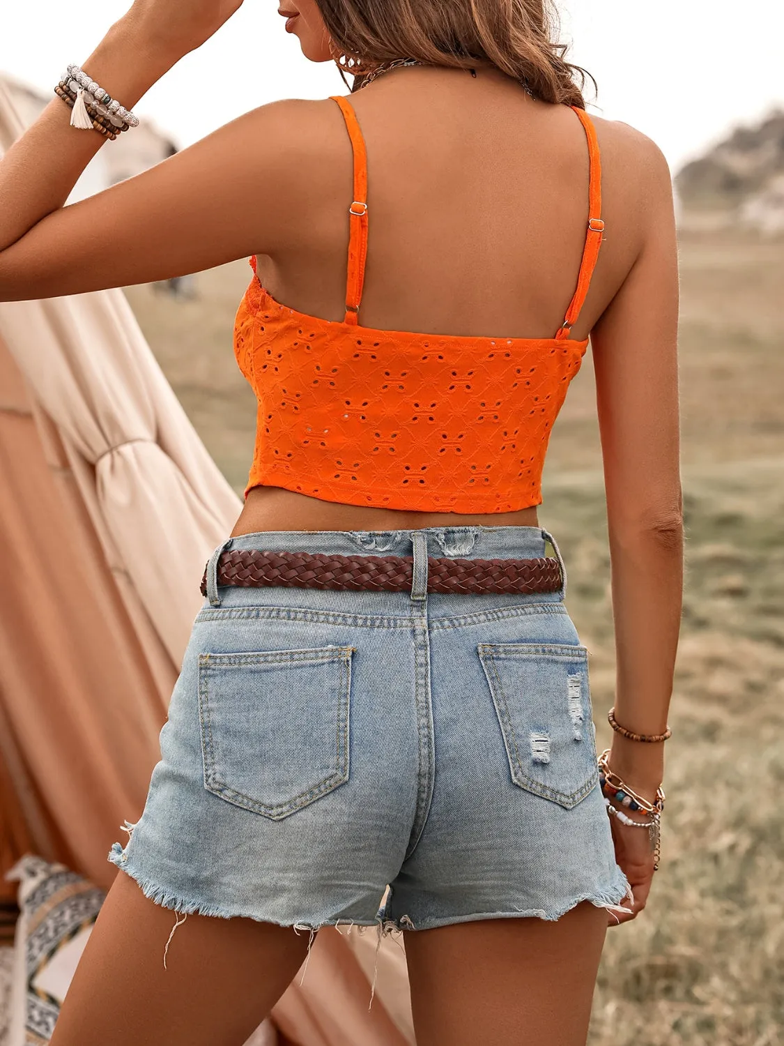 TEEK - Orange Tied Ruffled Eyelet V-Neck Cami