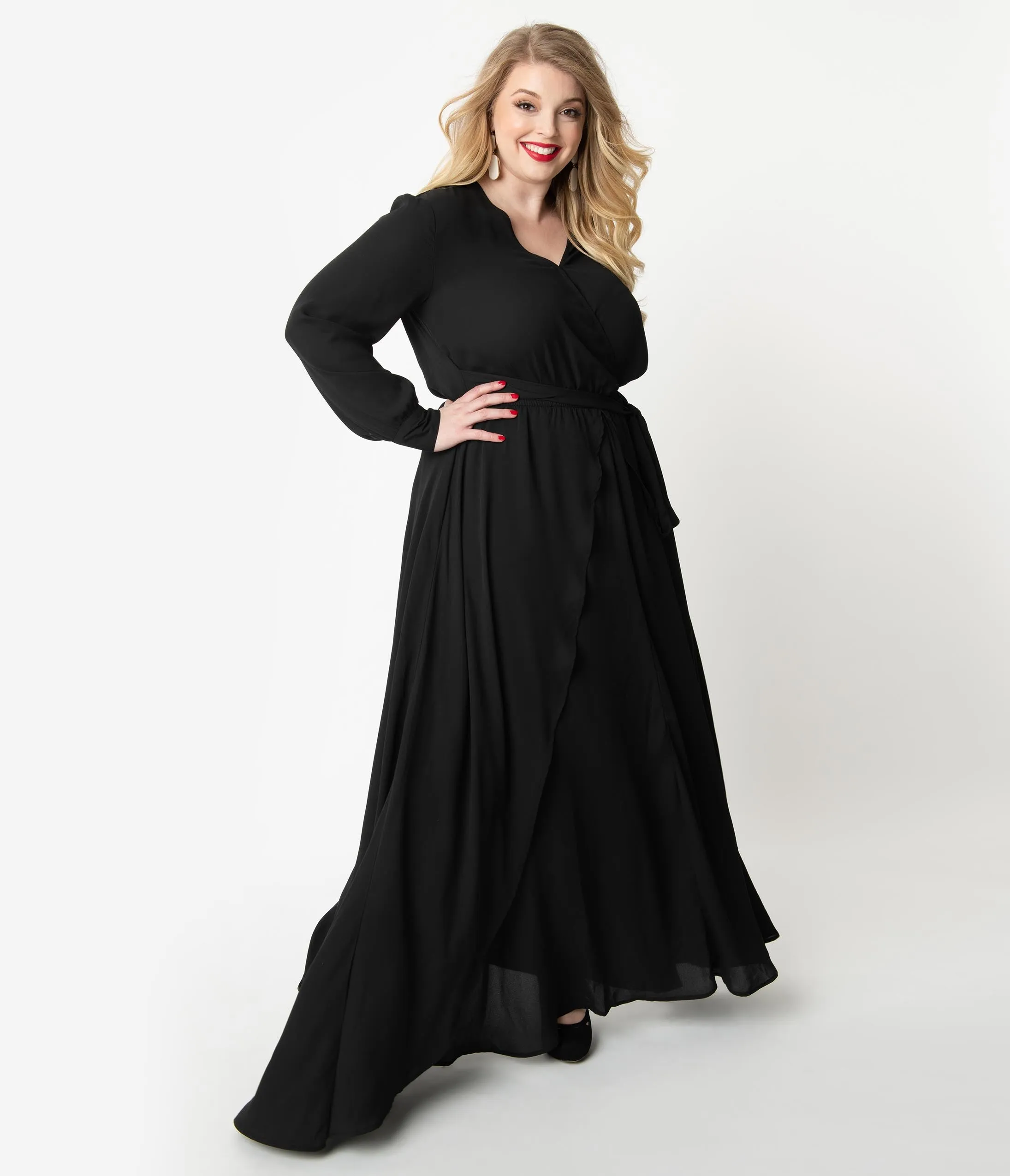 Unique Vintage Plus Size Black Long Sleeve Farrah Maxi Dress