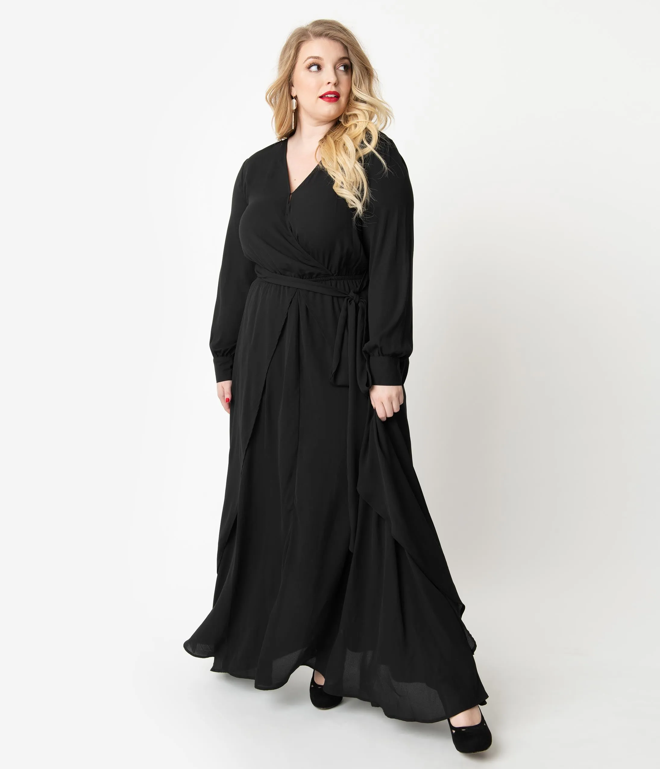 Unique Vintage Plus Size Black Long Sleeve Farrah Maxi Dress