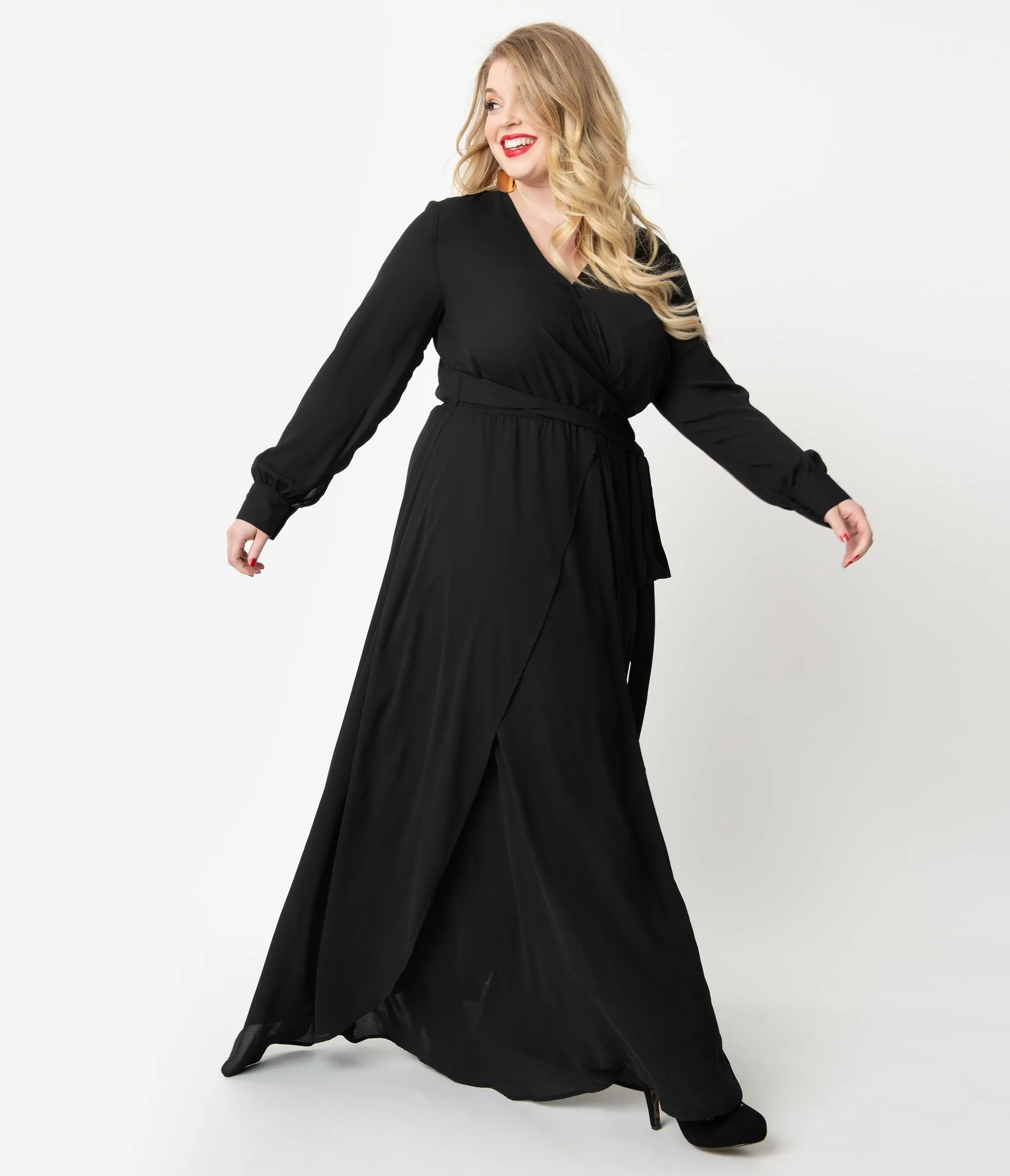 Unique Vintage Plus Size Black Long Sleeve Farrah Maxi Dress