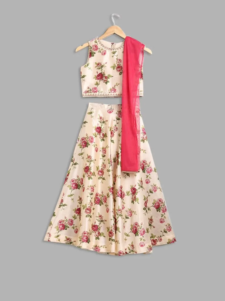 Utsa Kids Beige Floral Printed Top, Skirt and Dupatta Set (8 -14yrs)