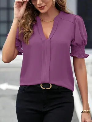 V-neck Graceful Puff Sleeve Solid Color Shirt