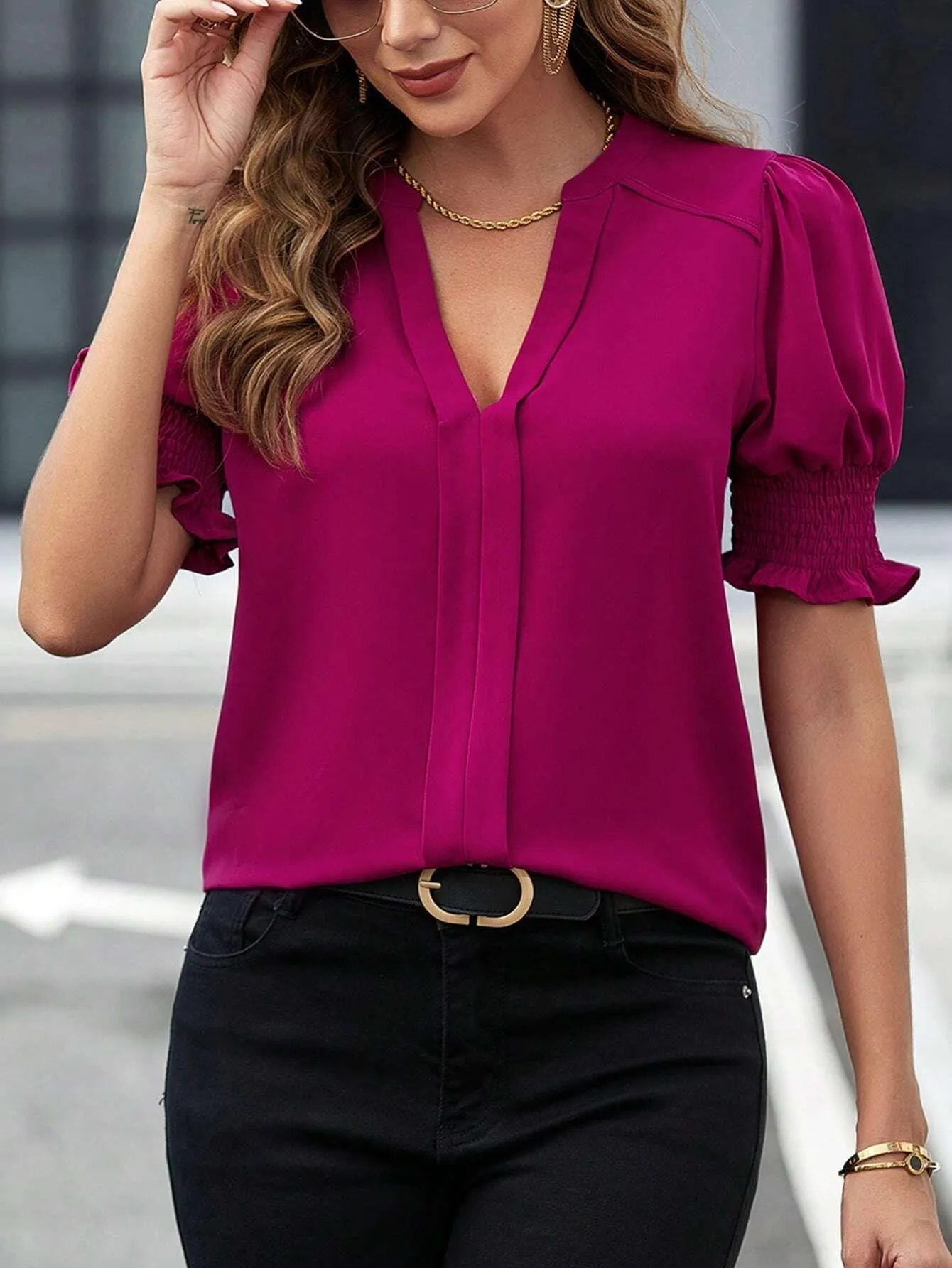 V-neck Graceful Puff Sleeve Solid Color Shirt