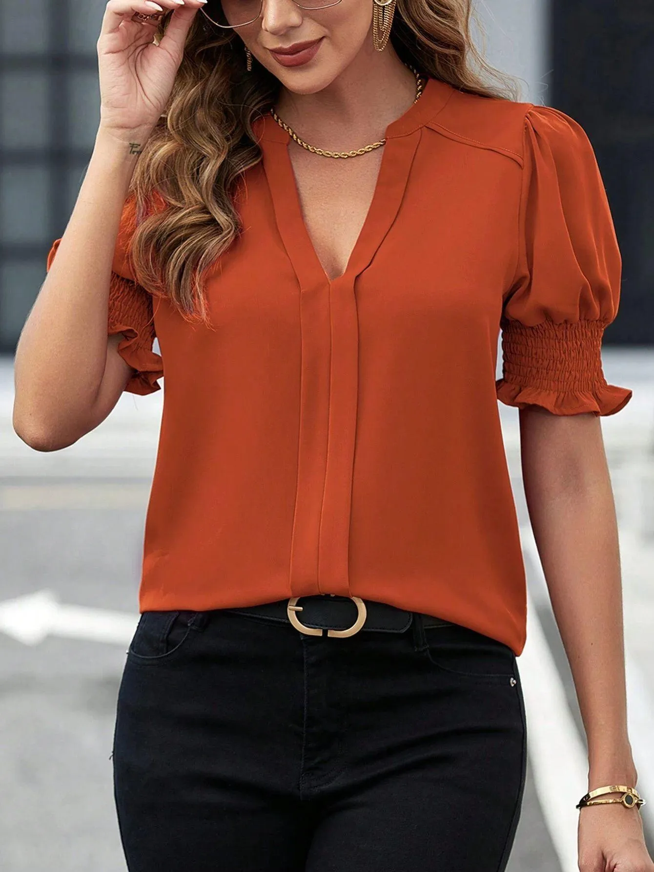 V-neck Graceful Puff Sleeve Solid Color Shirt