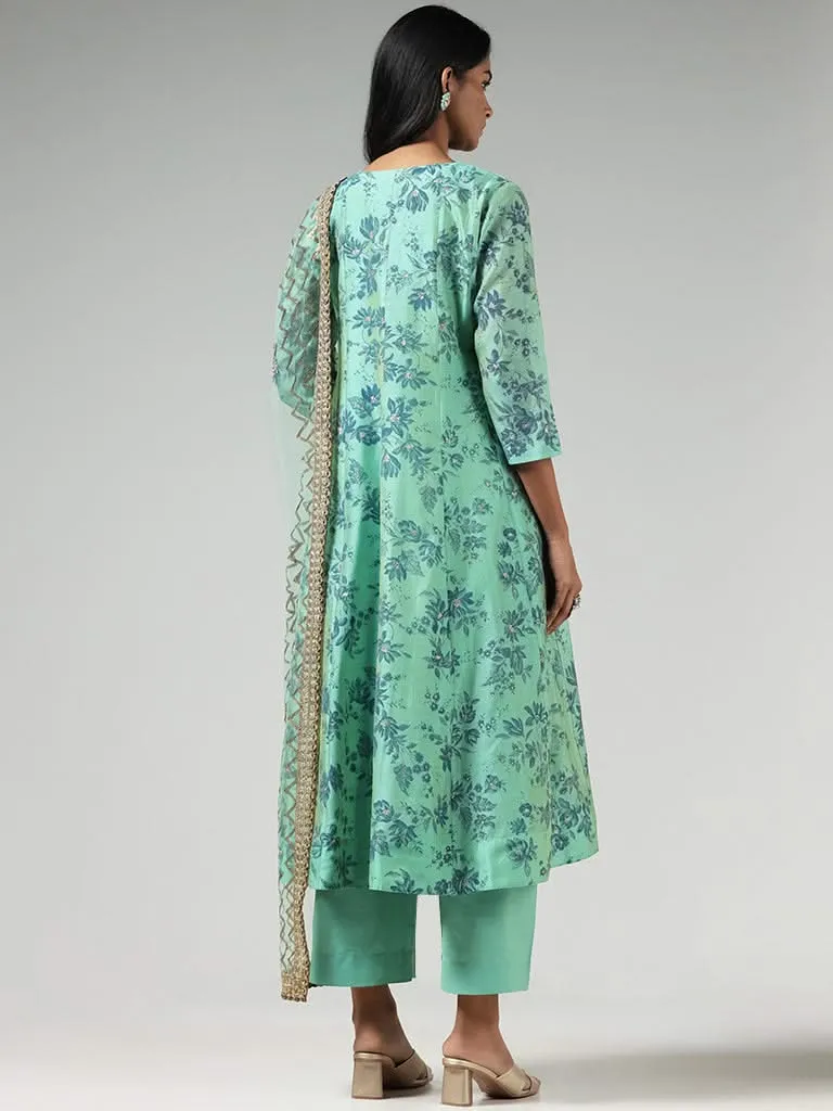 Vark Green Floral Printed Button-down Cotton Kurta, Palazzos, Inner and Dupatta Set