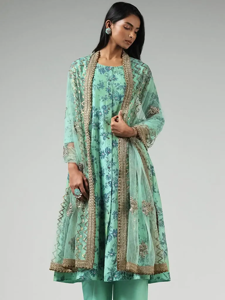 Vark Green Floral Printed Button-down Cotton Kurta, Palazzos, Inner and Dupatta Set