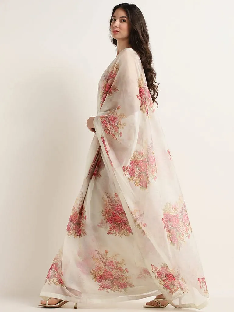 Vark Off-White Floral Printed Saree with Blouse