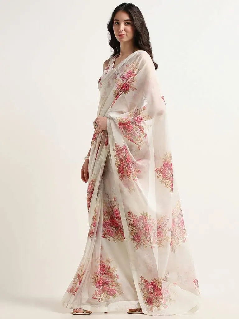 Vark Off-White Floral Printed Saree with Blouse