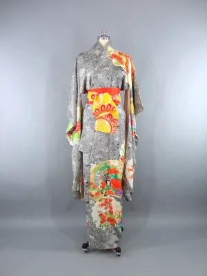 Vintage 1960s Vintage Silk Kimono Robe Furisode / Black & Orange Floral