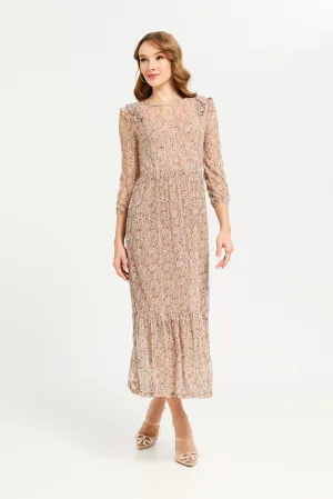 Women Beige Printed Mesh Long Dress