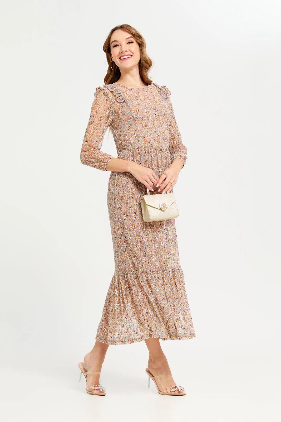 Women Beige Printed Mesh Long Dress