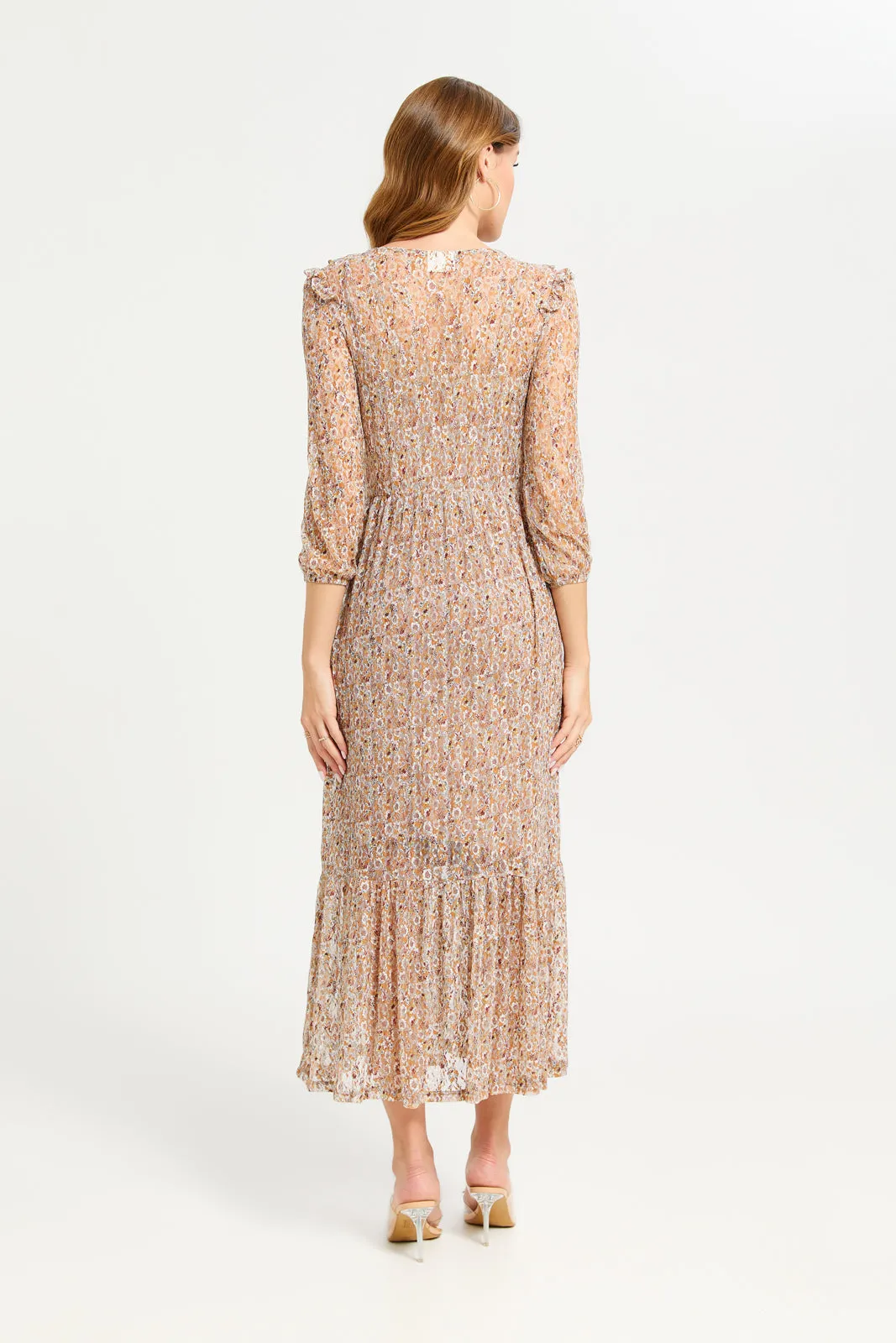 Women Beige Printed Mesh Long Dress